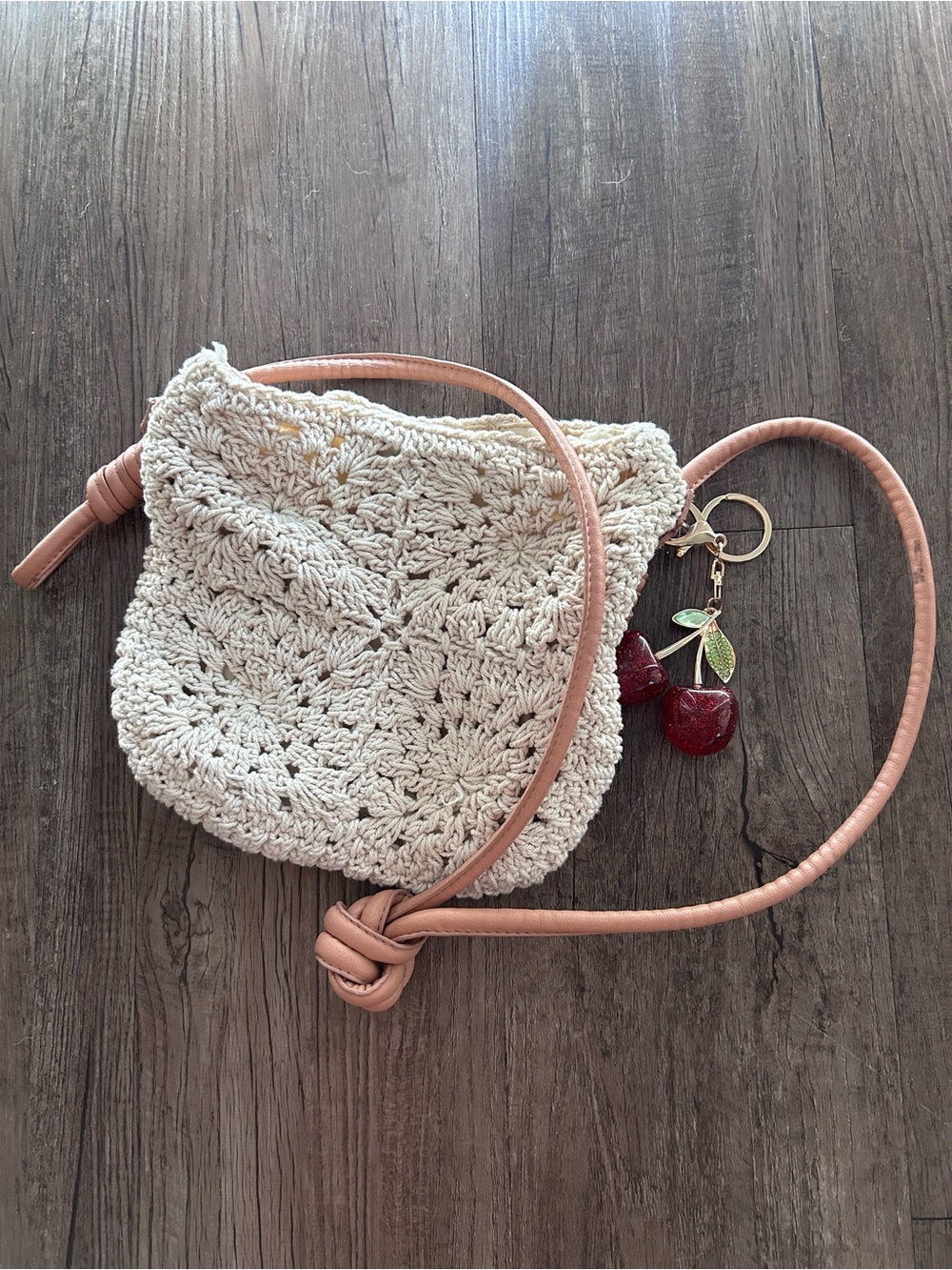 Cream Crochet Crossbody Bag with Tan Strap